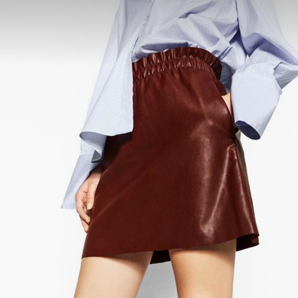 Zara Dresses & Skirts - Zara Faux Leather Mini Skirt Red Wine Burgundy Pleated High waist Size S